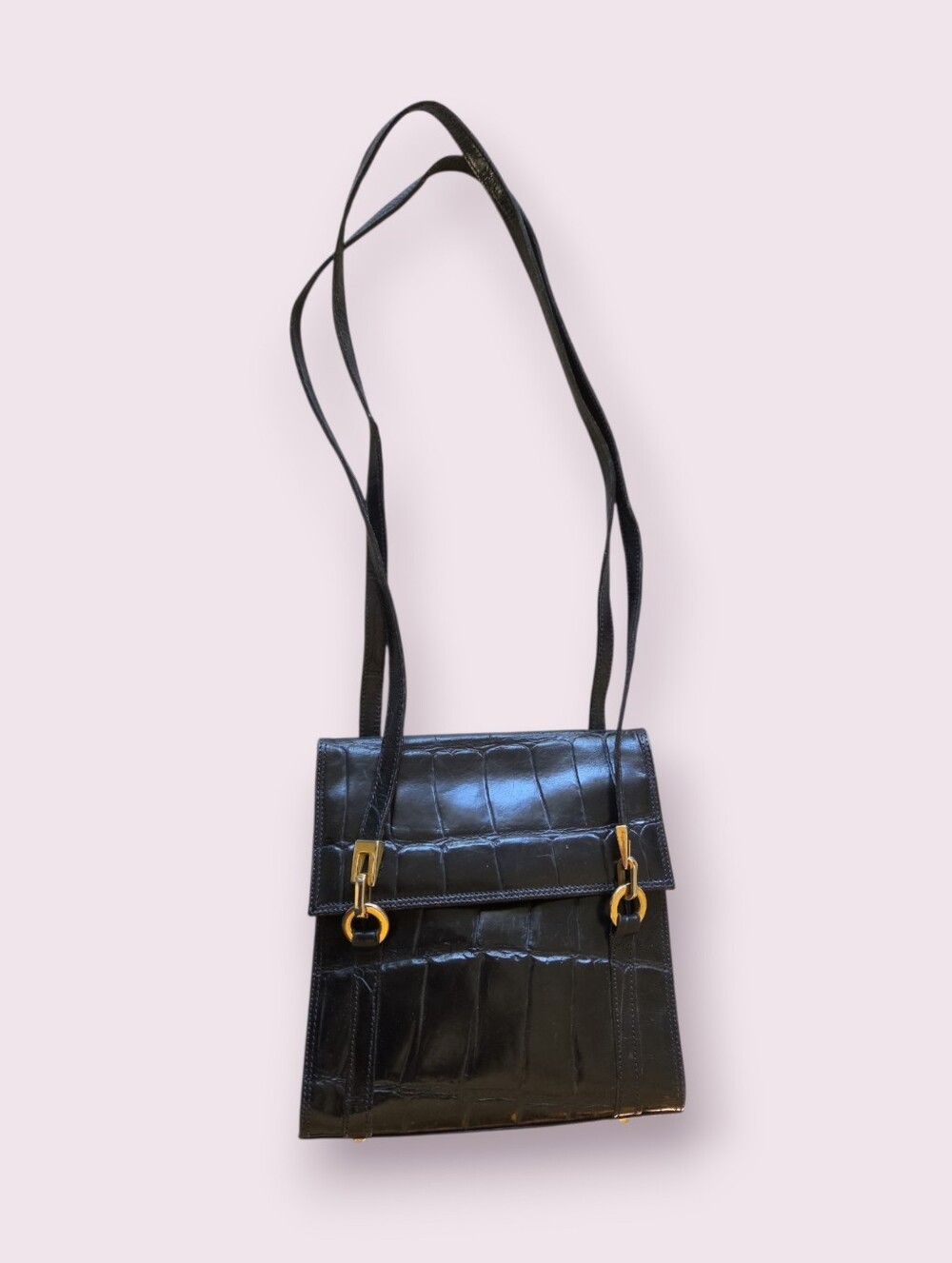 Y2K Francesco Biasia Croc Embossed Black Leather Bag